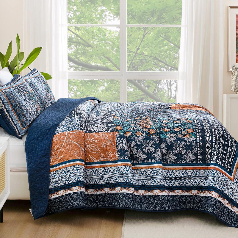 WONGS BEDDING طقم لحاف WONGS BEDDING باللون الأزرق الداكن مقاس كوين، طقم مفرش سرير بوهيمي مرقع، طقم مفارش سرير بنمط زهور قابلة للعكس لجميع المواسم (96 بوصة × 90 بوصة) - Image 3